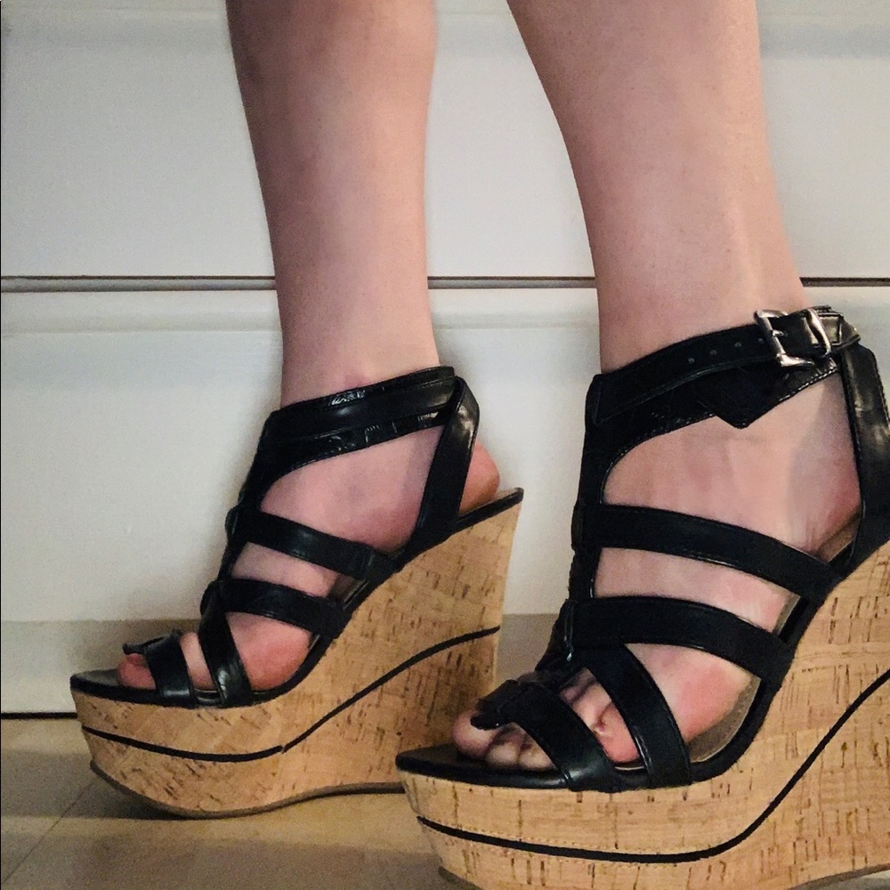 Black GUESS Strappy Wedges